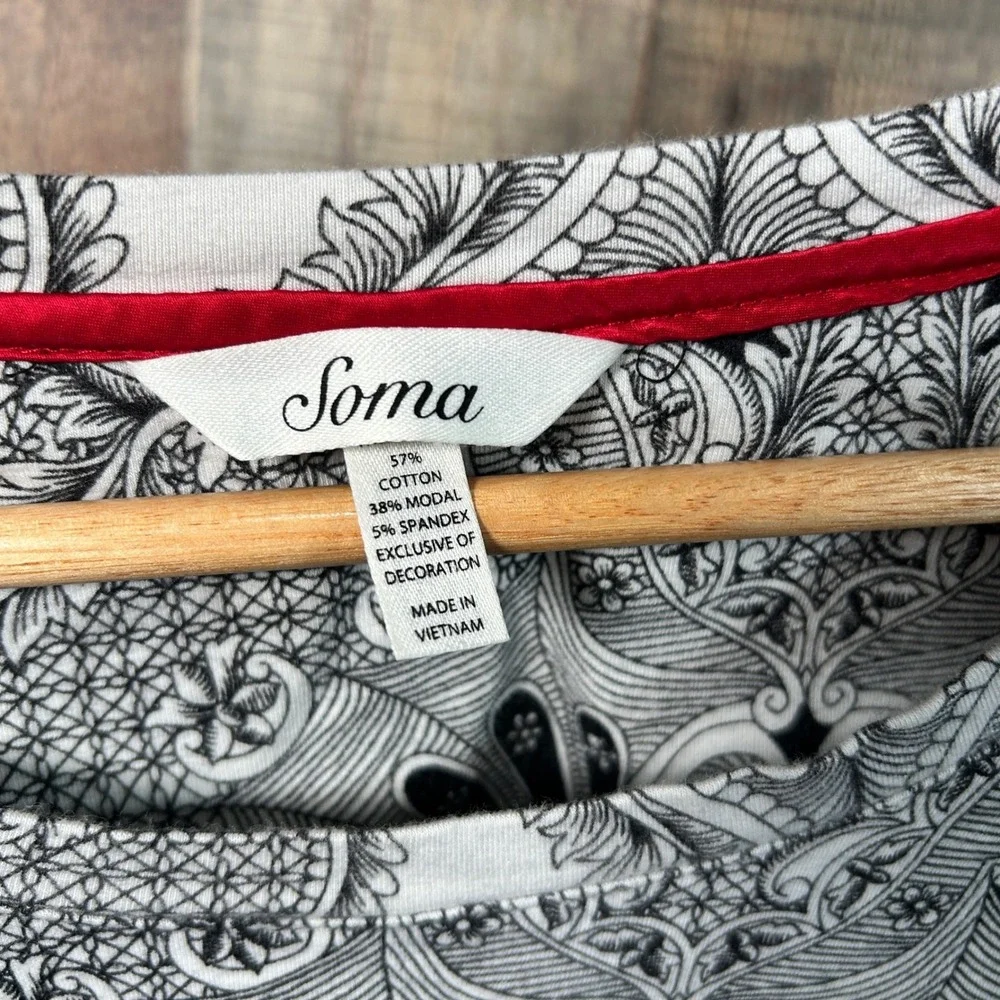 Soma Black White Paisley Sleep Shirt Nightgown Red Trim Loungewear M Nightie